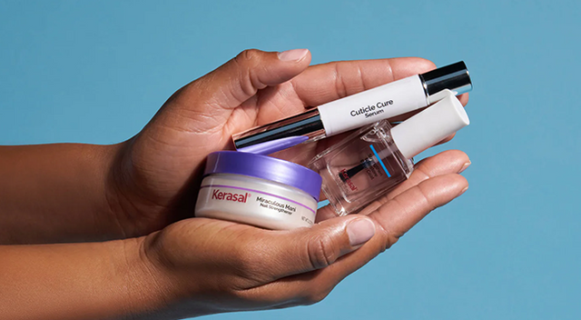 Three Kerasal nail products being help in hands